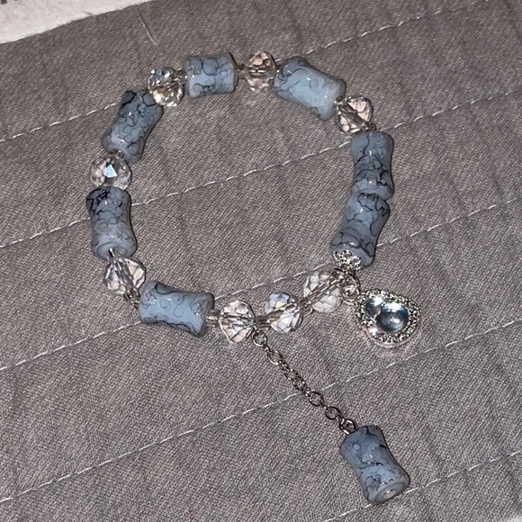 Colorful Glass Beaded Bracelet With Tear Drop Blue Stone Charm and Dangle Charm - Picture 3 of 3